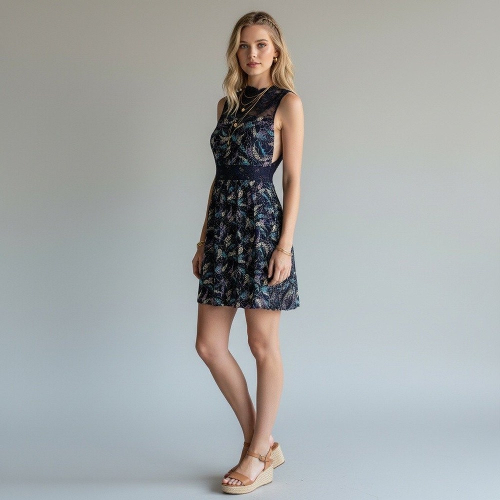 Free People Navy Blue Floral Wheat Lace Sleeveless Mini Dress XS